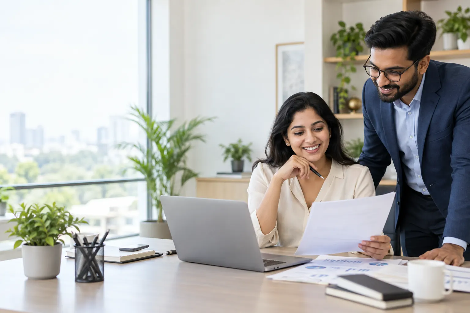 Indian business owner reviewing compliance with an expert